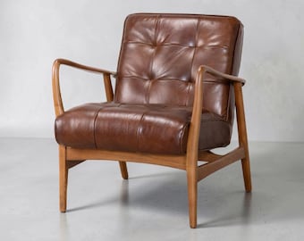 Poltrona d'accento in pelle, poltrona lounge in vera pelle, poltrona in stile metà secolo, sedia da lettura in legno fatta a mano per il soggiorno
