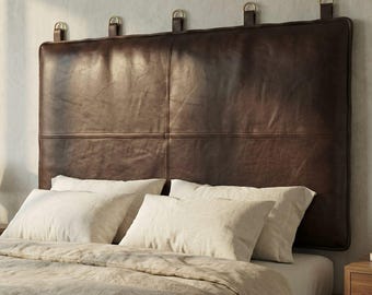 Cabeceira de couro genuíno, encosto de cama de parede feito à mão, painel de cabeceira rústico em couro de flor integral para camas de casal, queen e king.