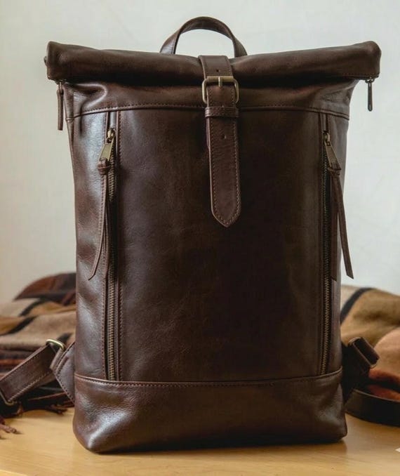 Leather Roll Top Backpack in Black, Brown or Havana Tan  display picture 2