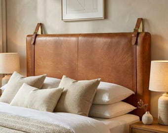 Brown Leather Headboard, Wall Mounted Bed Backrest with Straps, Custom King Queen Bedroom Decor