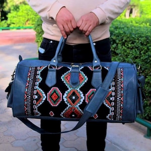 Handmade Moroccan Kilim Leather Duffle Bag: Boho Weekender Travel Bag