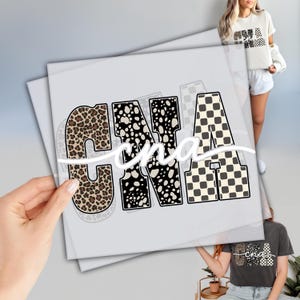 A hand holding a piece of paper with the word "CNA" written on it, along with a collage of images featuring the word "CNA" in various styles and patterns.