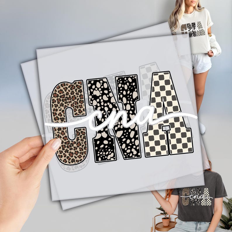 A hand holding a piece of paper with the word "CNA" written on it, along with a collage of images featuring the word "CNA" in various styles and patterns.