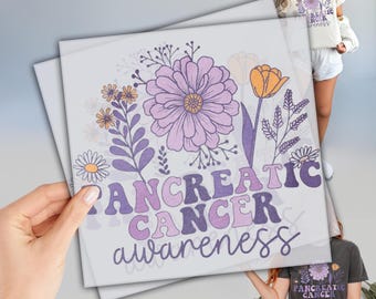 Puede incluir: Diseño floral morado y amarillo con el texto "Pancreatic Cancer Awareness" en una fuente retro.