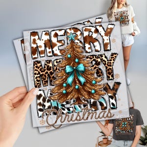 May include: A square Christmas design featuring the words "MERRY CHRISTMAS" in a mix of cow print and leopard print. A detailed brown Christmas tree with a blue bow and ornaments is in the center. A hand is holding the design.