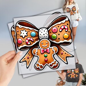 May include: A festive illustration of a gingerbread bow with a gingerbread man in the center. The bow is decorated with colorful candies and icing. The gingerbread man has a pink bow tie and buttons. The image is on a white background.