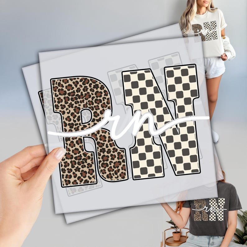a hand holding up a sign with the word "RN" written on it, along with a collage of images showing a person wearing a white shirt with a checkered pattern and the letters "RN" on it.