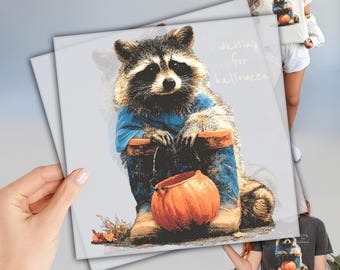 Waiting for Halloween DTF, Raccoon and Pumpkin Design