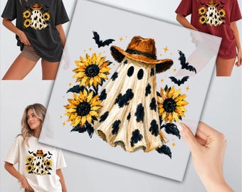 Cute Ghost And Sun Flowers DTF Transfer: Halloween Shirt Design, Fall Heat Press