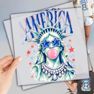 Preppy Brushstroke Statue of Liberty Blowing Bubble DTF, Girly 4th July Design,
