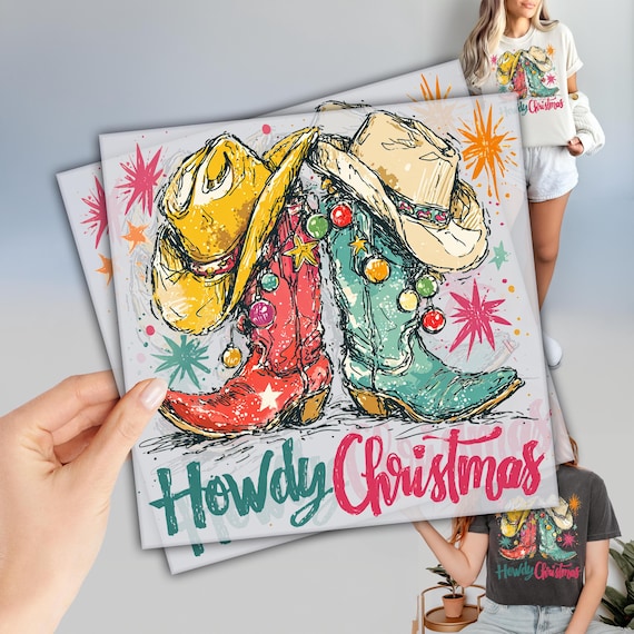 Howdy Christmas Dtf, Cowboy Boots Ready To Press, Cowboy Hats Dtf, Merry Christmas Dtf Transfer, Christmas Gifts, Green And Red Dtf