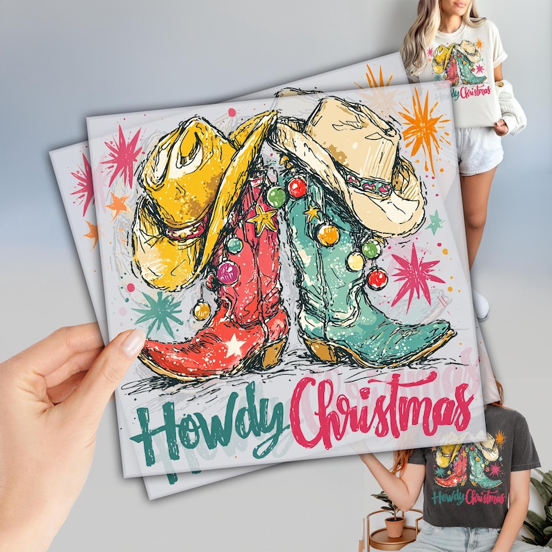 A hand holding a colorful illustration of two cowboy hats and boots, with the text "Howdy Christmas" written below them.