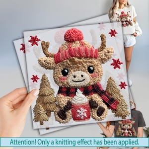 May include: A square print featuring a cartoon Highland cow with a red and black plaid scarf and a matching hat. The cow is holding a cup of hot cocoa. The print has a knitting effect and is surrounded by snowflakes and Christmas trees.