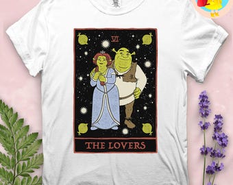 Shrek & Fiona Lovers Tarot Shirt Funny Shrek Meme Tee Fairy Tale Couple Graphic Shirt The Lovers Card Parody Funny Shrek Shirt Fiona Shirt