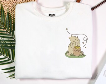 ヴィンテージのプーさん刺繍スウェットシャツ、ミニマルなくまのプーさんシャツ、家族旅行シャツ、家族お揃いシャツ、刺繍セーター