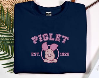 Embroidered Piglet Sweatshirt, Classic Winnie The Pooh Adult Unisex Crewneck Piglet embroidered sweatshirt Pooh and friends Shirt