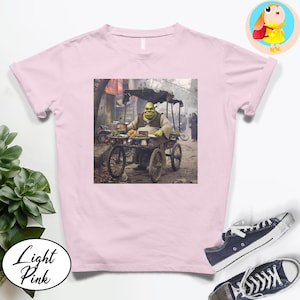 Funny Shrek Street Food T-Shirt Meme Cartoon Tee Shrek Vendor Graphic Tee Unisex Natural Shirt Unique Gift for Fans Shrek Sweater Hoodie