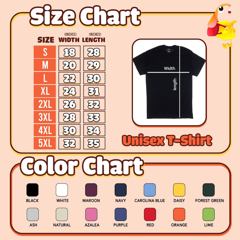 Op de afbeelding: Een maat- en kleurentabel voor een unisex T-shirt. De maattabel toont de afmetingen in inches voor de maten S tot en met 5XL. De kleurentabel toont verschillende kleuren, waaronder zwart, wit, bordeaux, marine, Carolina blauw, madelief, bosgroen, as, naturel, azalea, paars, rood, oranje en limoen.