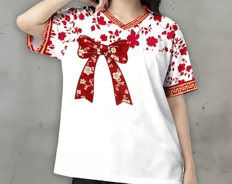 Custom Kpop Korean Style Jersey BT-S Inspired Shirt Custom Name Number Kpop Fan Gift Streetwear Unisex Kpop Fan Floral Red White Bow Jersey