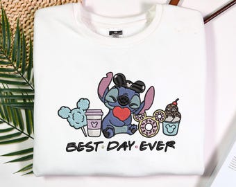 Sudadera bordada "El mejor día de la historia" de Stitch, camiseta "El mejor día de la historia" de Stitch Snacks, sudadera bordada con snacks, regalos de Stitch