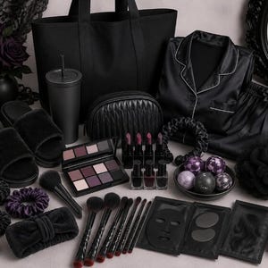 May include: A collection of black and purple items including a tote bag, satin pyjamas, fuzzy slippers, a quilted makeup bag, a tumbler, makeup brushes, an eyeshadow palette, lipsticks, nail polishes, bath bombs, hair scrunchies, and skincare masks.