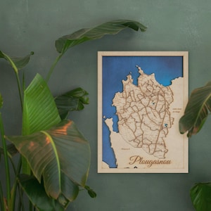 Carte géographique en bois de lieux personnalisée (ville / département / région / pays) découpée et gravée au laser
