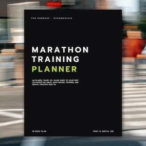 Maratonträningsplanerare, utskrivbar 18-veckorsplan i PDF-format, guide till kolhydratintag och nedtrappning, träningsdagbok för löpare, digital nedladdning