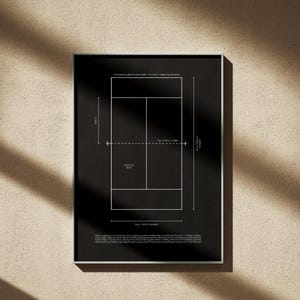 May include: A black framed print featuring a white technical diagram of a padel court. The graphic displays court dimensions in meters and feet, including a service box, net height, and descriptive text explaining the sport's rules and history.