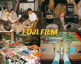 May include: A collage of images featuring people playing cards, a pint of Guinness, a camera, a foosball table, and a market stall with fresh produce. The text "FUJI FILM" is overlaid in yellow.