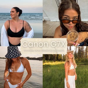 May include: A collage of four images featuring women in various outdoor settings. The images include a woman on a beach, another holding a drink, and two others in swimwear. The text "Canon G7X mobile and desktop presets" is overlaid.