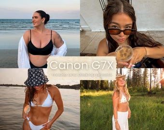 May include: A collage of four images featuring women in various outdoor settings. The images include a woman on a beach, another holding a drink, and two others in swimwear. The text "Canon G7X mobile and desktop presets" is overlaid.