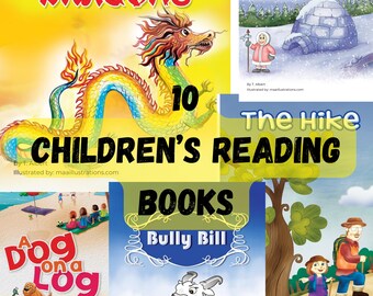 Op de afbeelding: Een collage van tien kinderboekomslagen. De omslagen tonen verschillende illustraties, waaronder een draak, een hond op een boomstam, een stier en een wandeling in het bos. De tekst op de omslagen omvat titels als "Draken", "Vraag je je af over regen, sneeuw, hagel en ijs?", "De wandeling", "Een hond op een boomstam" en "Bully Bill".