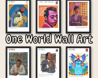 May include: Six framed wall art prints with black frames. Each print features a different image and text. The prints are part of a collection called "One World".