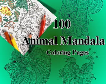 May include: A collection of 100 animal mandala coloring pages. The cover features a lion, elephant, and peacock with intricate designs.