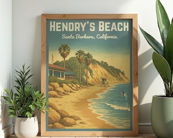 Santa Barbara Wall Art Print | Hendry's Beach | California Coastal Digital Download | Retro Surf Poster