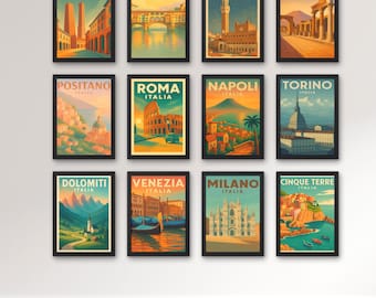 Vintage Italy Travel Poster Set, 12 Cities Gallery Wall Art (Digital Download)