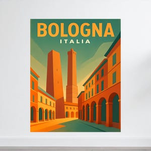 May include: A travel poster featuring the city of Bologna, Italy. The poster has a green background with the word "BOLOGNA" in large orange letters. The image depicts the city's architecture, including towers and buildings with arched walkways.