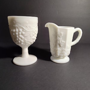 4pc Vintage Grape Milk Glass Goblets by Imperial Glass Ohio 1950s or Vintage Paneled Grape Milk Glass Creamer by Westmoreland 1940s