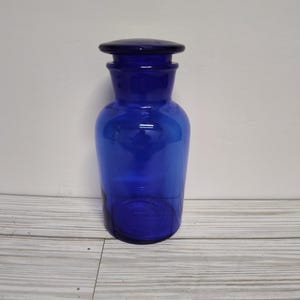 Vintage Cobalt Blue Glass Apothecary Bottle Jar With Ground Glass Neck and Lid