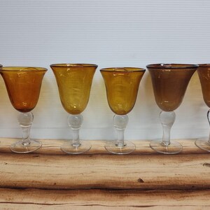 Vintage Artland Iris Handblown Seeded Bubble Water Glass Goblets Golden Amber 8 1/4" tall
