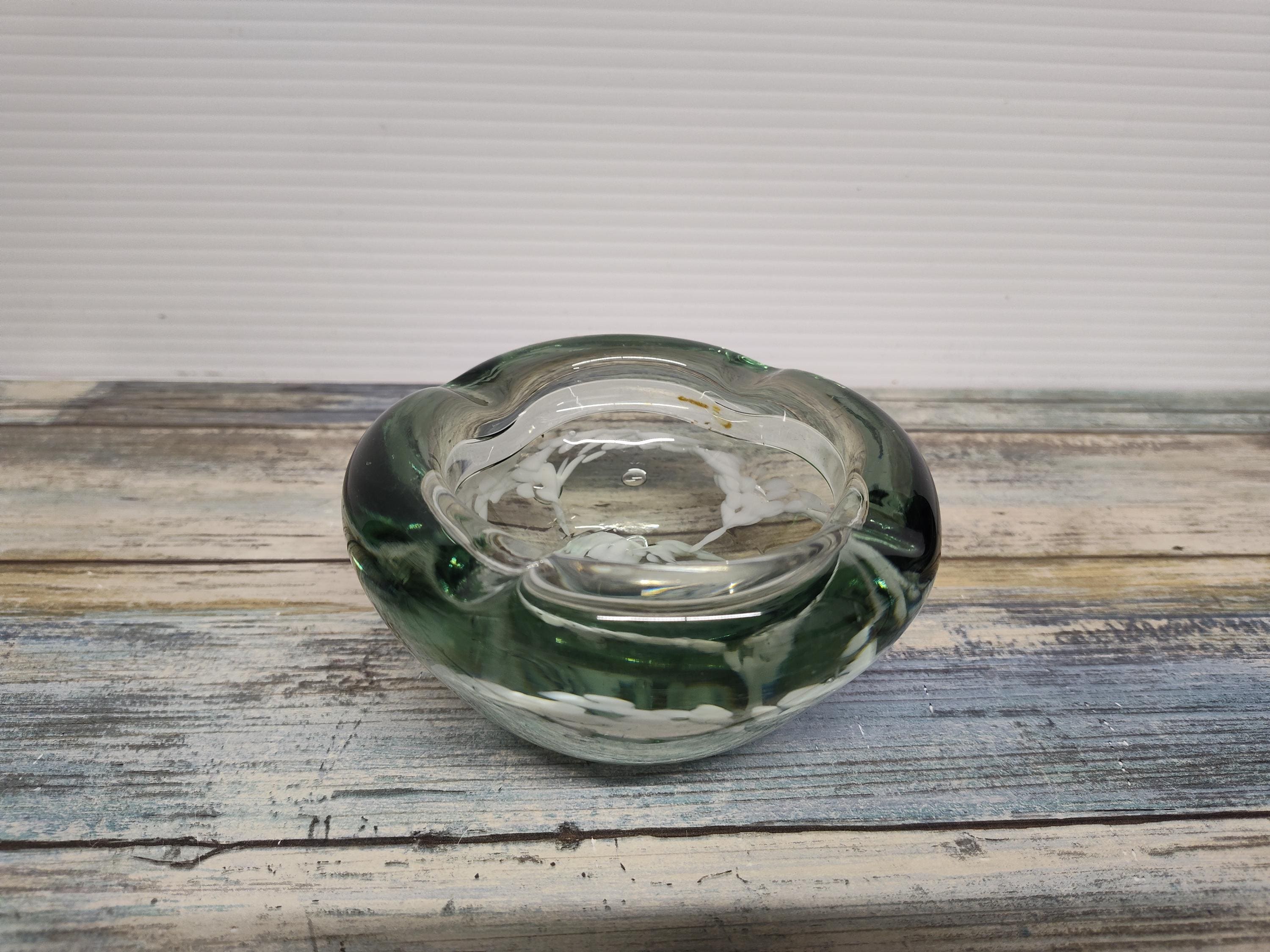 Vintage Bubbled Green and White Art Glass Ashtray Heavy