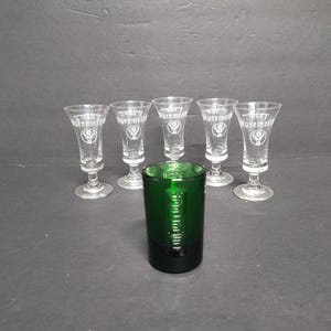 Choice of Jagermeister Vintage Emerald Green Jager Bomb Heavy Shot Glass Stag on Bottom 1990s or Jagermeister Clear Cordial Shot Glass