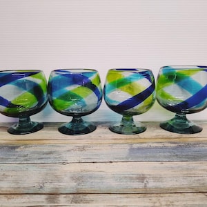 Set of Vintage Mexican Hand Blown Blue Green Aqua Swirl Oversize Brandy Cognac Snifter Glasses