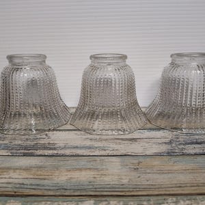 May include: Three clear glass bell-shaped lamp shades with a textured, dotted pattern. The shades have a flared bottom and a rounded top. They are arranged on a weathered wooden surface.