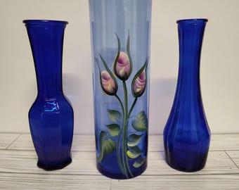 Cobalt Blue Vintage Glass Vases and Hand Painted Cylinder Vase Home Decor Collectible