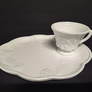 12pc Vintage Indiana Colony Harvest Grape White Milk Glass Footed Punch Cups Set or 8 pc Colonial Harvest Snack Luncheon Cup & Plate Set