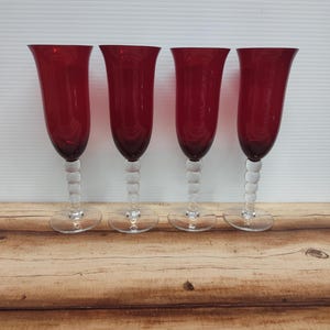 4pc Vintage Ruby Red and Clear Crystal Bubble Stem Champagne Flutes Stemware