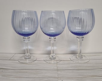 3pc Vintage Optic Blue Glass Wine Glasses Balloon Goblets Ribbed Cups Water Wine Glass
