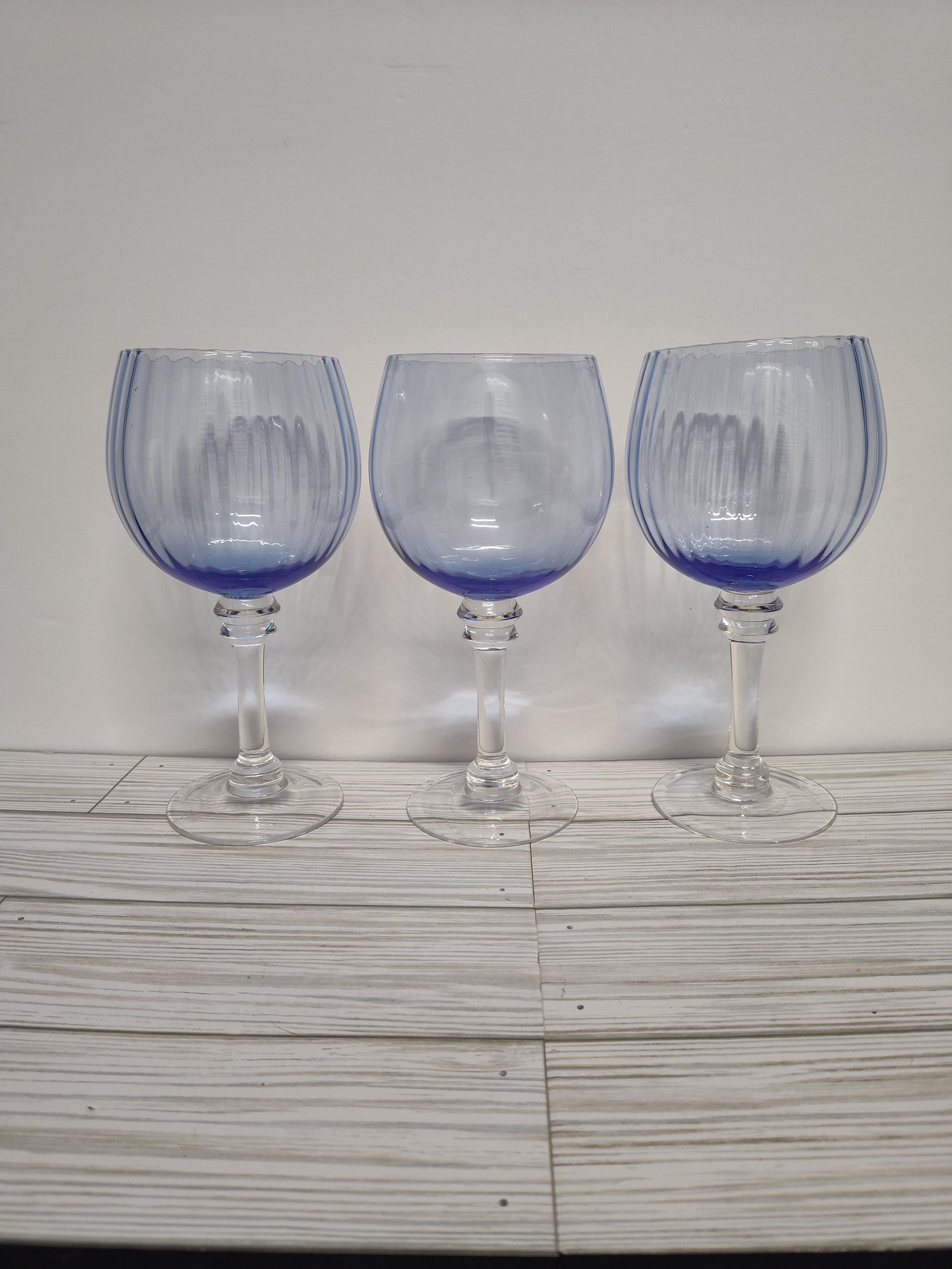 3pc Vintage Optic Blue Glass Wine Glasses Balloon Goblets Ribbed Cups Water Wine  Glass - Etsy