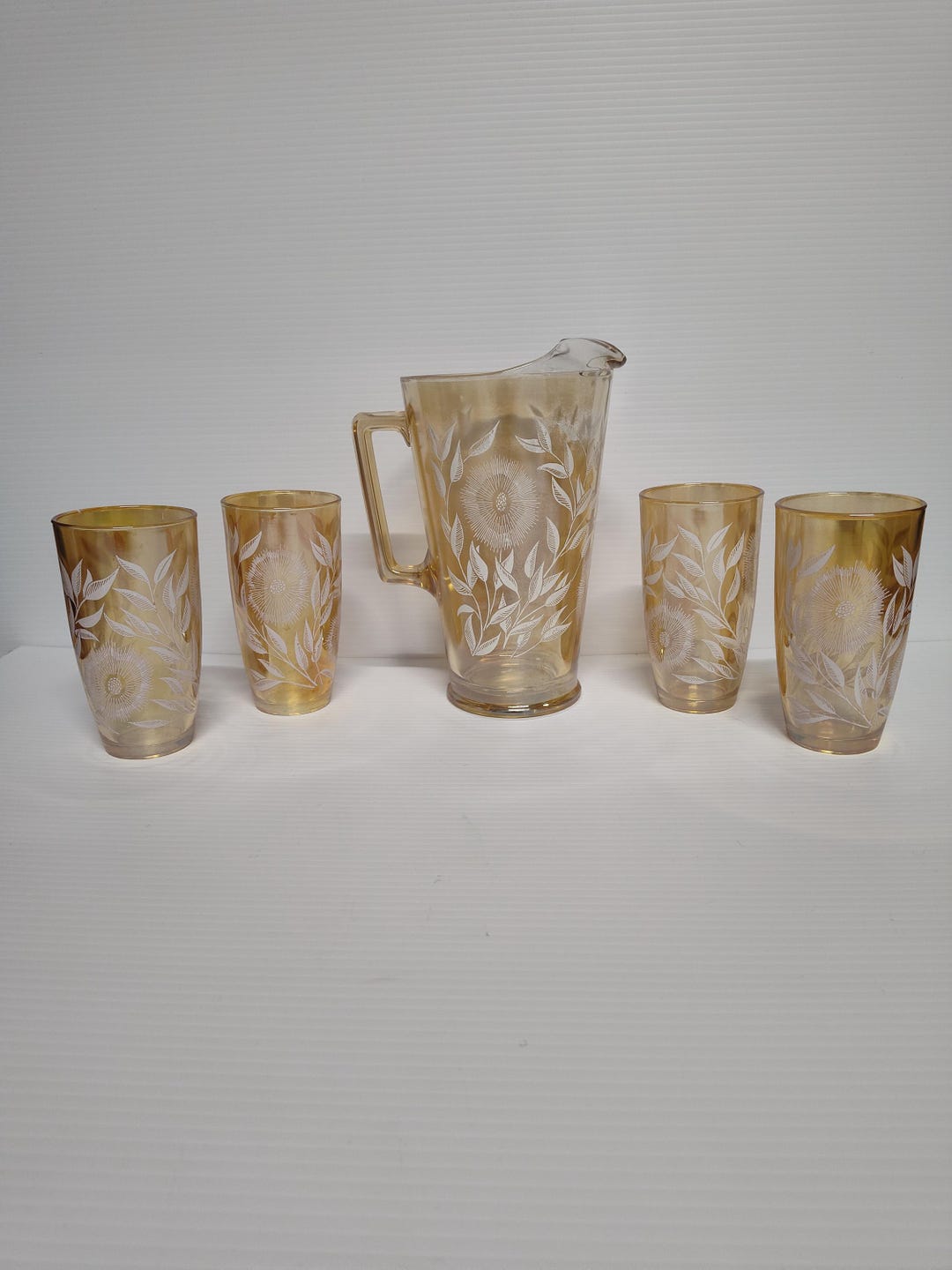 5pc Set of Vintage 1950s Jeannette Carnival Glass Marigold